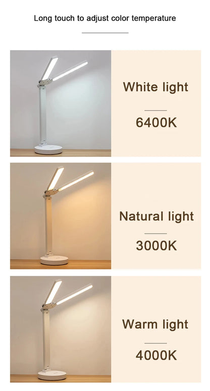Lampe de bureau LED pliable avec horloge, chargement USB et lumière à intensité variable
