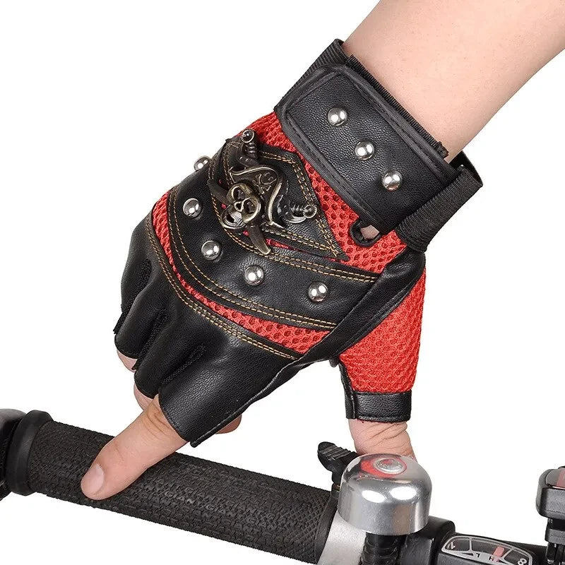 Skull Rivet Fingerless Gloves - PU Leather Moto Style