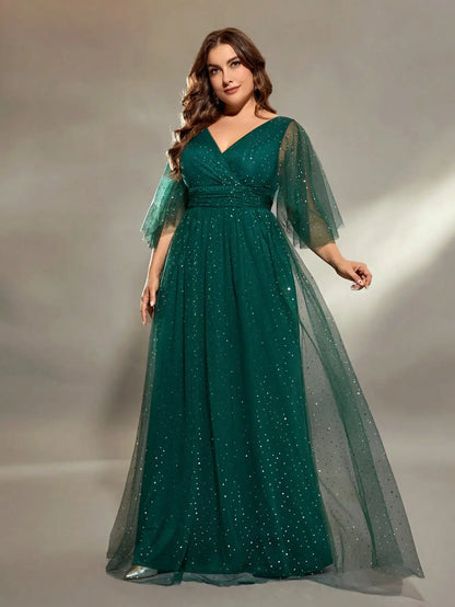 Plus Size V-Neck Pleated Evening Gown - Irregular Full-Sleeve Skirt