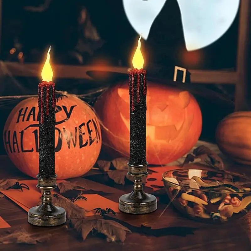 Lot de 2 bougies coniques sans flamme à LED pour Halloween – « Larmes de vampire » noires avec bases