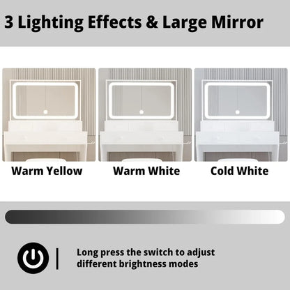 Schreibtisch mit LED-beleuchtetem Spiegel, Steckdose und 4 Schubladen, Schminktisch-Set mit Aufbewahrungshocker und Haartrocknerständer, weiß