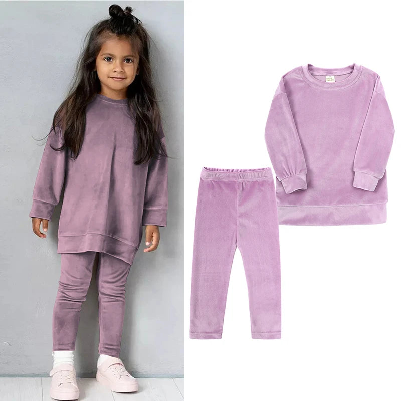 Spring Velvet Suit for Kids Pullover Set with Pants