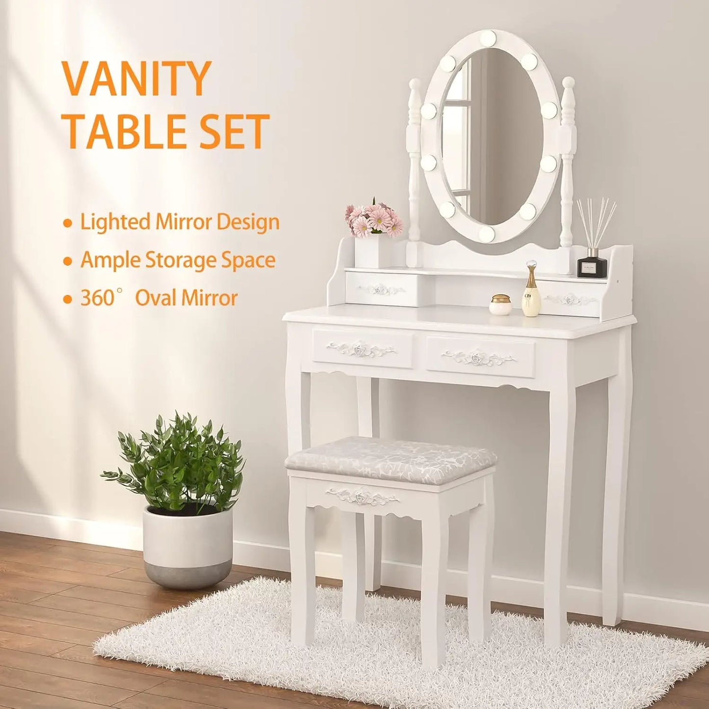 Elegant Vanity Set with Mirror & Stool