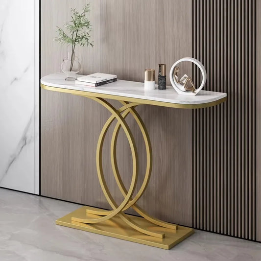 Table console en marbre et cadres ovales dorés