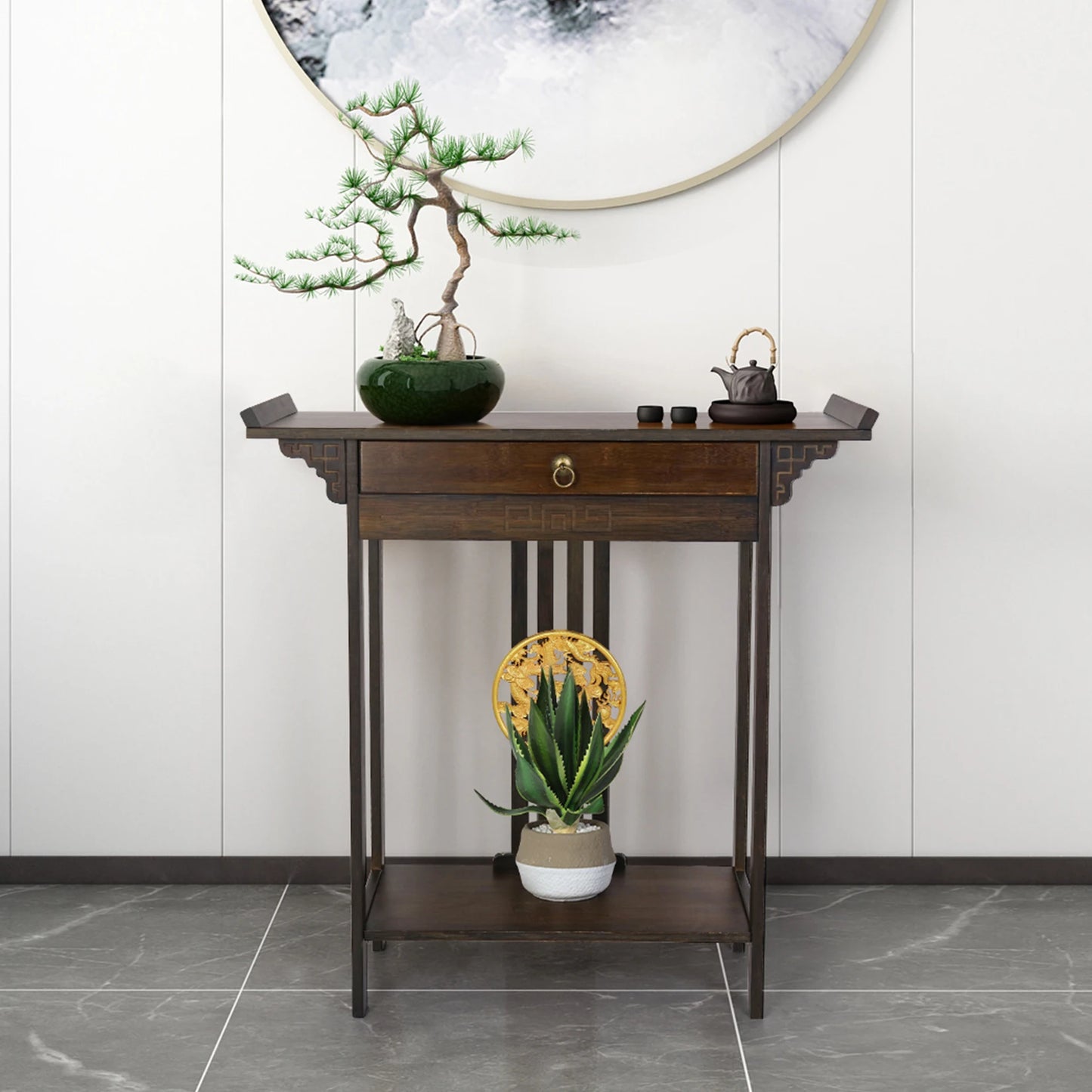 Vintage Rustic Console Table with Drawer and Shelf