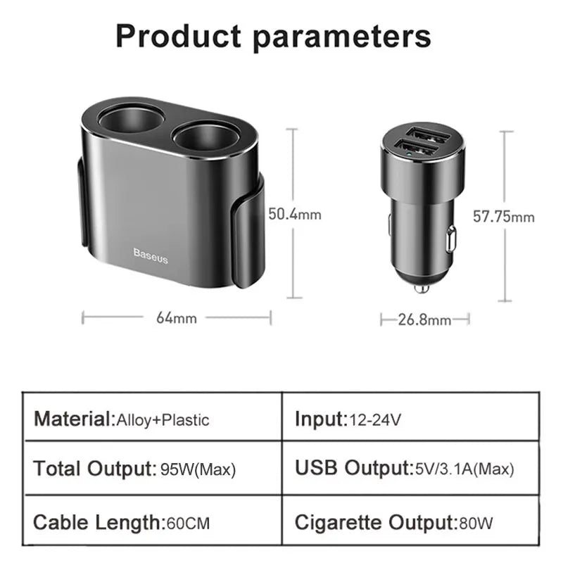 Chargeur de voiture double USB avec répartiteur allume-cigare