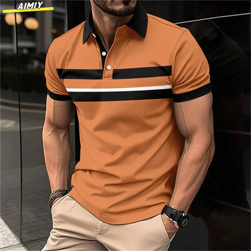 Herren Golf Stripe Poloshirt Lässiges Kurzarm-Poloshirt Einfarbiges Revers Mode Neues Business-Sport-T-Shirt Atmungsaktives Oberteil
