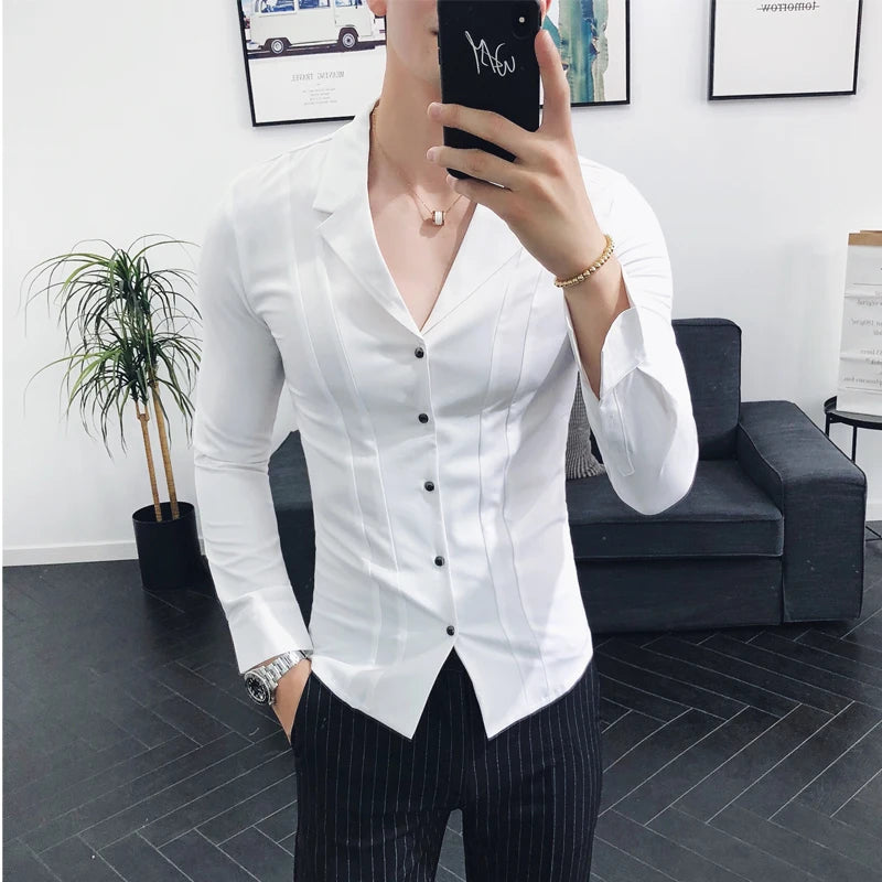 High-Quality Spring Men's V-Neck Slim Fit Dress Shirts