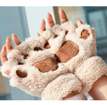 Cute Cat Paw Fingerless Plush Gloves - Warm & Fluffy