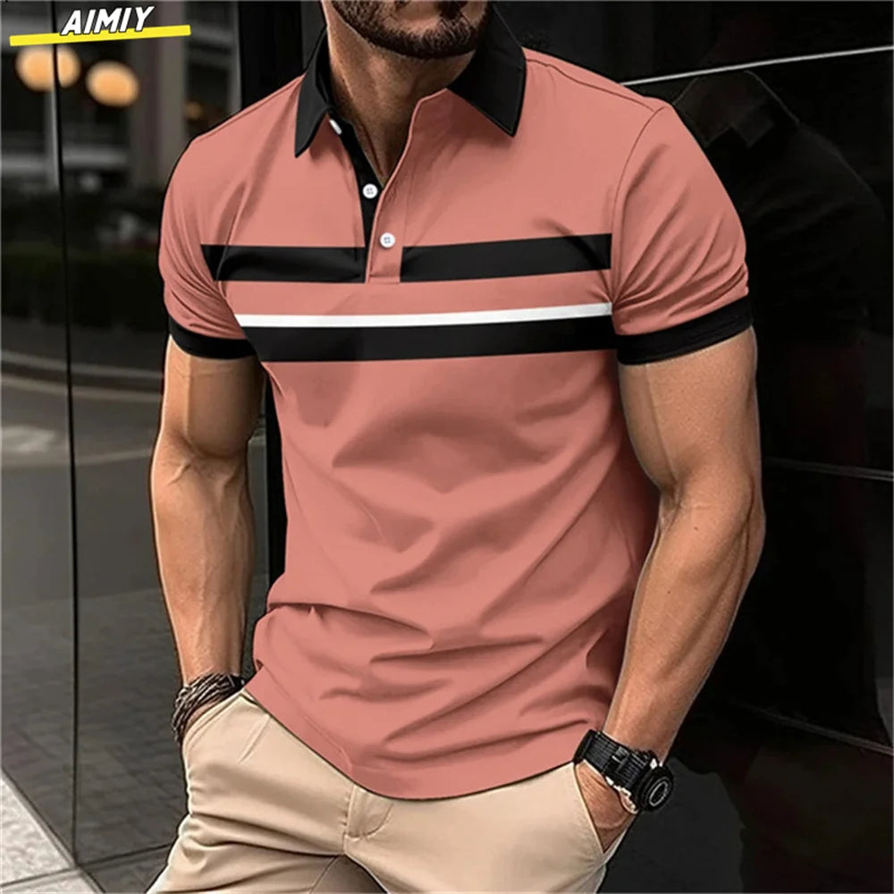 Herren Golf Stripe Poloshirt Lässiges Kurzarm-Poloshirt Einfarbiges Revers Mode Neues Business-Sport-T-Shirt Atmungsaktives Oberteil