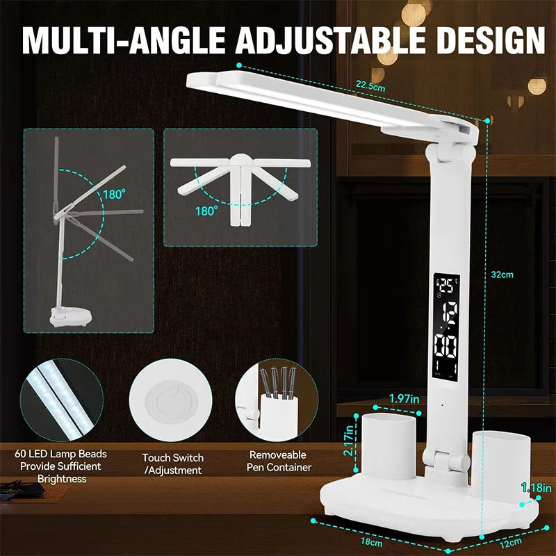 Lampe de bureau LED pliable avec horloge, chargement USB et lumière à intensité variable