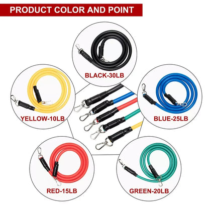 Ensemble de 11 bandes de résistance en TPE avec ancrage de porte - Poignées et sangles de cheville