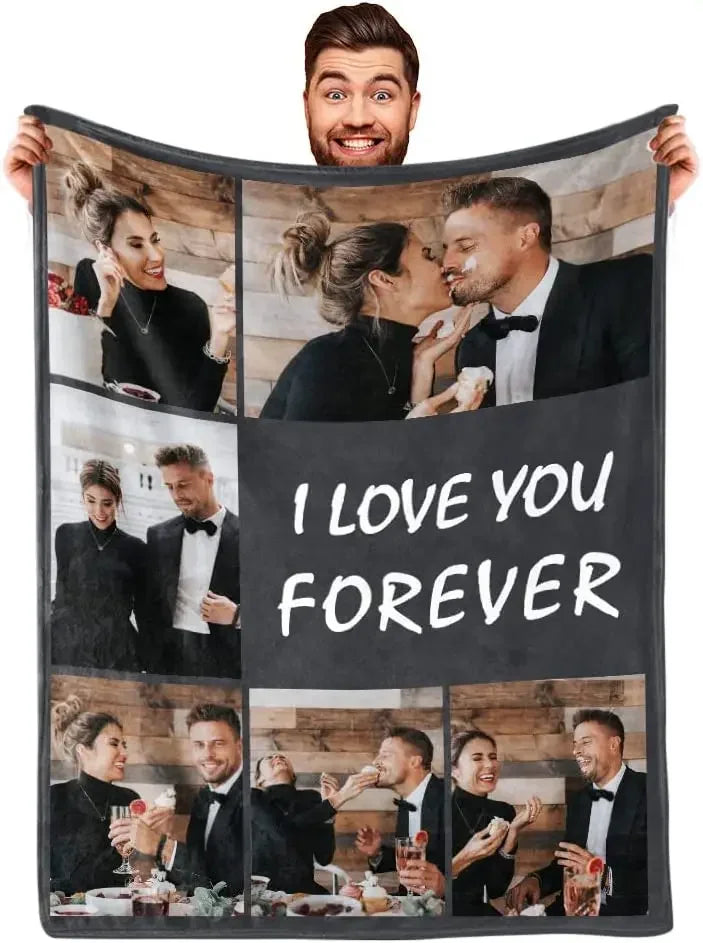 I Love You Custom Blanket with Photo Collage Text Picture Throw Blanket Valentine's Day Birthday Gift