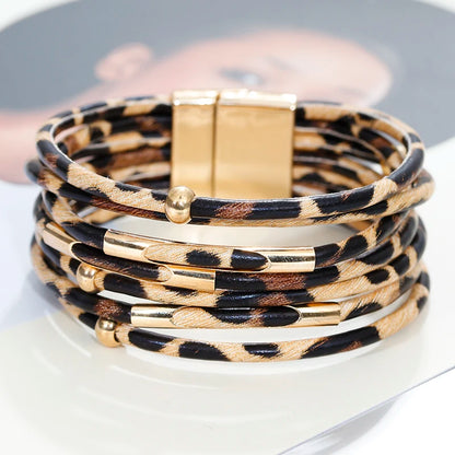 Leopard Leather Wrap Bracelet - Multilayer Metal Tube Charm