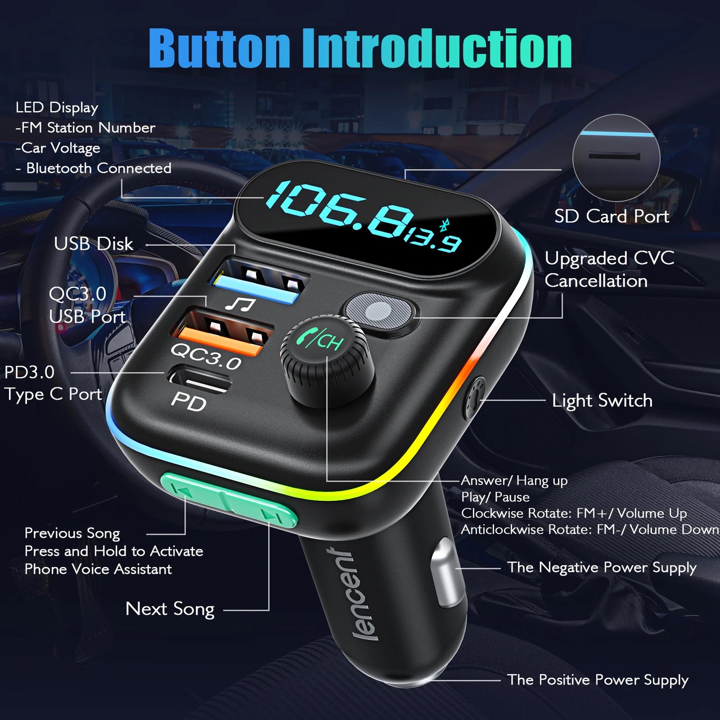 Kit de voiture émetteur FM Bluetooth 5.0 avec PD et QC3.0