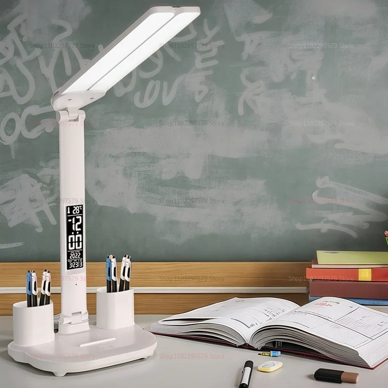 Lampe de bureau LED pliable avec horloge, chargement USB et lumière à intensité variable