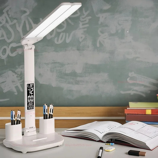 Lampe de bureau LED pliable avec horloge, chargement USB et lumière à intensité variable