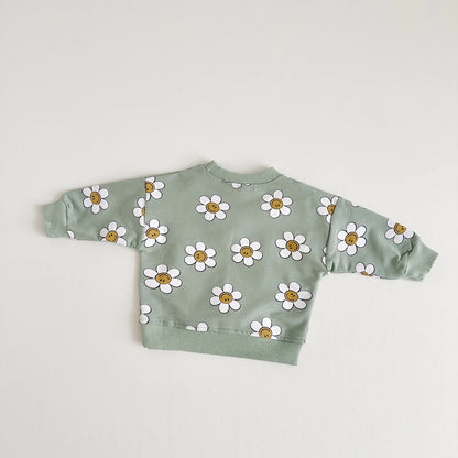 Children's  Smiling Face Flower Pattern Printed Round Neck Top