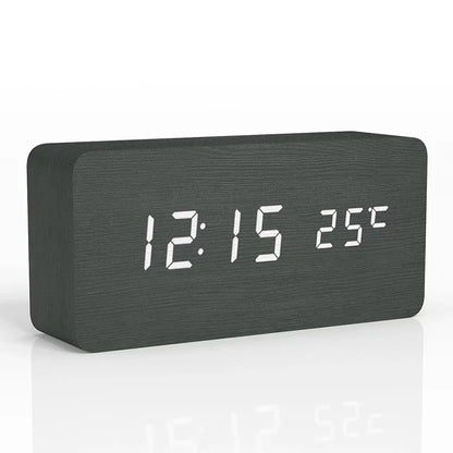 Voice Control Wooden LED Alarm Clock - USB/AAA Powered