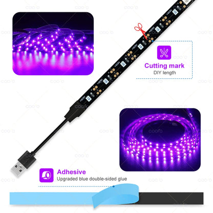 Bande lumineuse LED UV 395-405 nm – Lumière noire ultraviolette flexible pour fêtes lumineuses