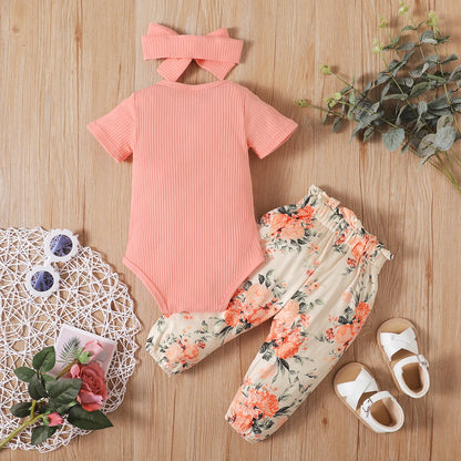 Baby Girl's Floral Print Round-neck Short-sleeve Set with Halter Button