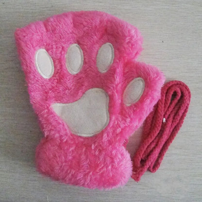 Cute Cat Paw Fingerless Plush Gloves - Warm & Fluffy