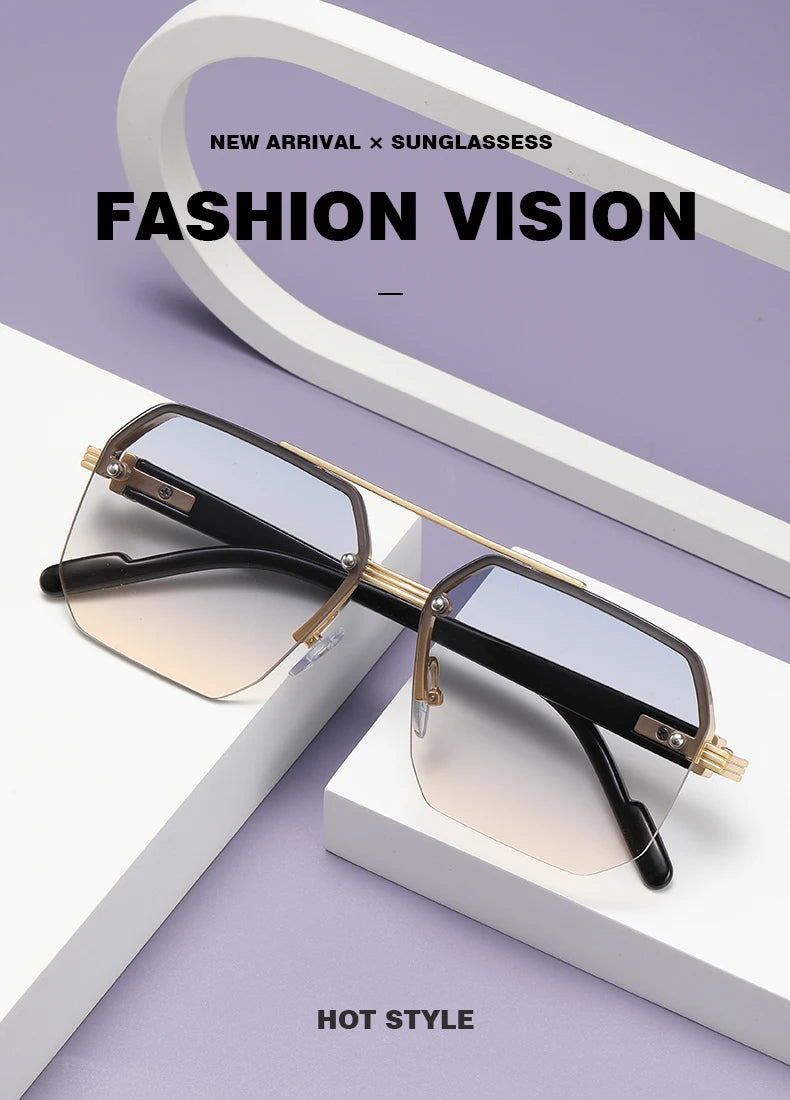 Doppelsteg-Sonnenbrille mit quadratischem Rahmen und Polygon-Muster für Damen