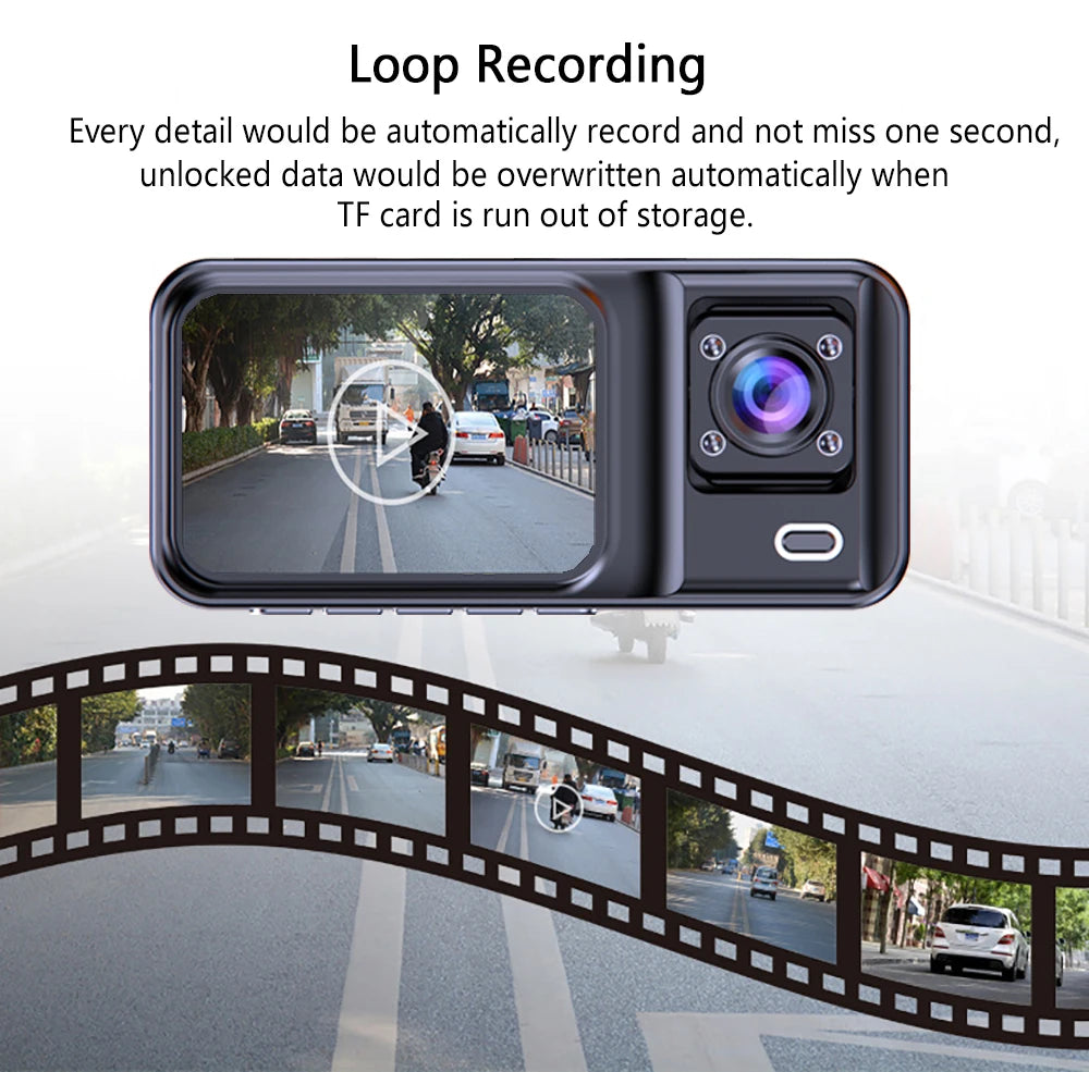 3-Channel 1080P Dash Cam with Rear View Camera & Video Recorder