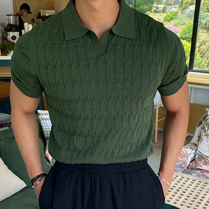 Gestricktes Jacquard-Poloshirt mit V-Ausschnitt für Herren