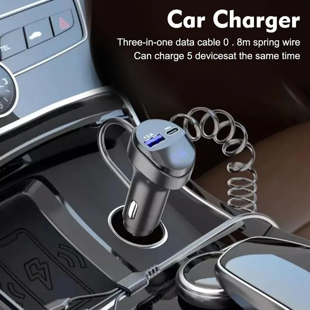 55W 2-Port USB Car Phone Charger 3.1A with Voltage Display Three-In-One USB Retractable Charging Cable