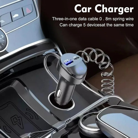 Chargeur de téléphone de voiture USB 55W à 2 ports, 3,1 a, avec affichage de la tension, câble de chargement rétractable USB trois en un