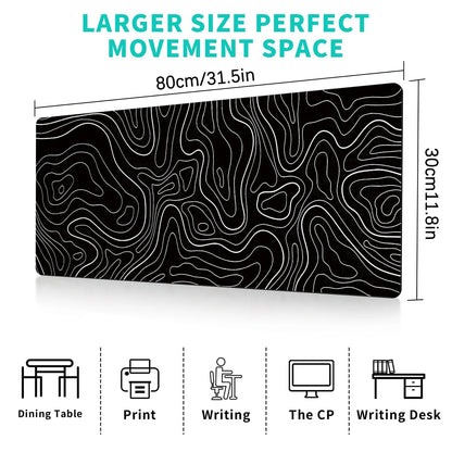 Large Black & White Topographic Gaming Mouse Pad 31.5"x11.8" - Anti-Slip Design