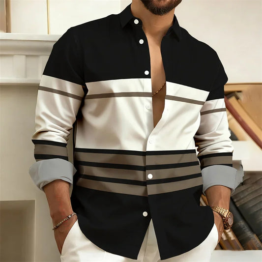 Men's Color Block Button Down Striped Shirt