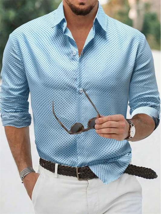 men's blue polka dot long-sleeve button-up shirt, men's summer lapel shirt, outdoor streetwear shirt for men, men's polka dot casual shirt, long-sleeve lapel button-up shirt men, trendy men's summer shirt, stylish outdoor shirt for men, blue polka dot streetwear shirt, men's fashion long-sleeve shirt, casual button-up shirt for men