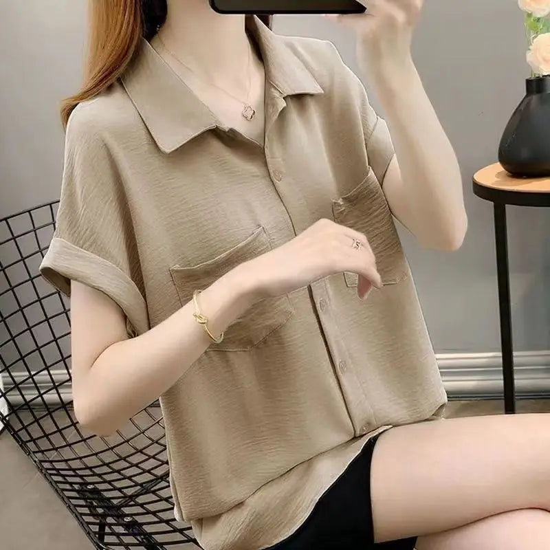Women's Loose Fit Shirt, Chiffon Thin Shirt, Short Sleeve Chiffon Top, Casual Summer Blouse, Lightweight Loose Blouse, Women's Chiffon Shirt, Breathable Chiffon Top, Loose Fit Short Sleeve Blouse, Ladies Summer Casual Shirt, Elegant Chiffon Shirt for Women