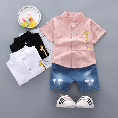 baby boys' cartoon shirt & denim shorts, baby boys cartoon outfit, toddler boys denim shorts set, baby boys summer clothes, cartoon print shirt with shorts, baby boys casual outfit, baby boys clothing set, cute baby boys outfit, toddler boys cartoon shirt, baby boys stylish denim set
