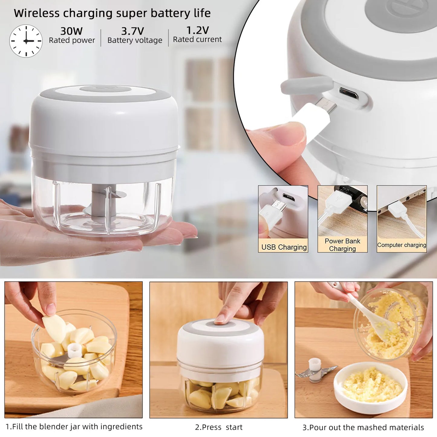 Electric Kitchen Food Chopper Mini Garlic Masher