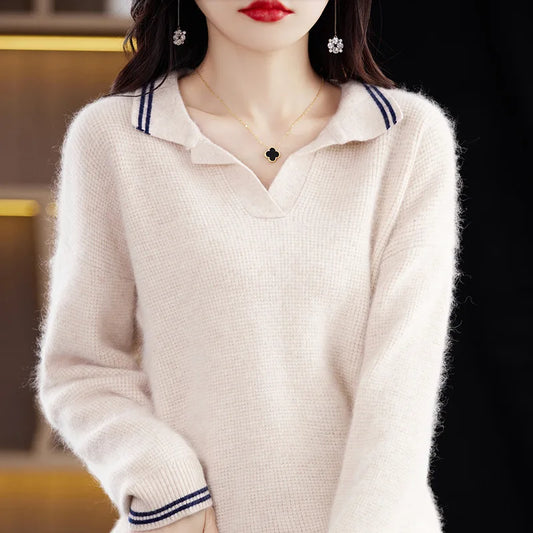Women's Long Sleeve Knitted Polo Neck Sweater
