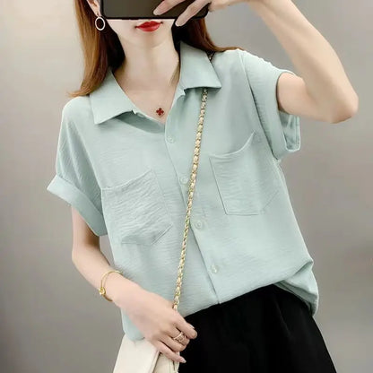 Women's Loose Fit Shirt, Chiffon Thin Shirt, Short Sleeve Chiffon Top, Casual Summer Blouse, Lightweight Loose Blouse, Women's Chiffon Shirt, Breathable Chiffon Top, Loose Fit Short Sleeve Blouse, Ladies Summer Casual Shirt, Elegant Chiffon Shirt for Women