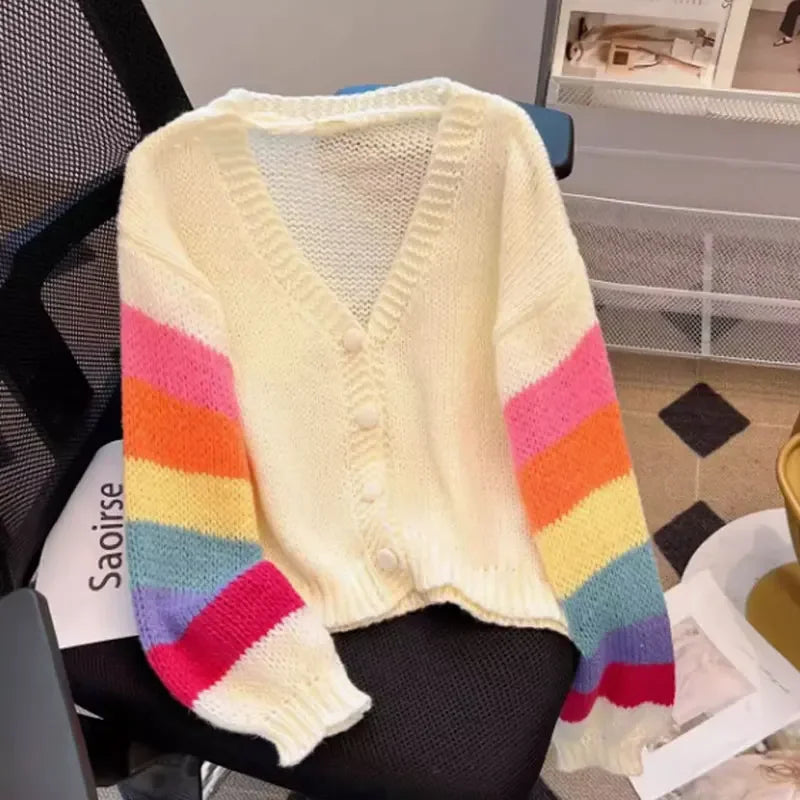 Women's Rainbow Stripe Cardigan Button Sweater