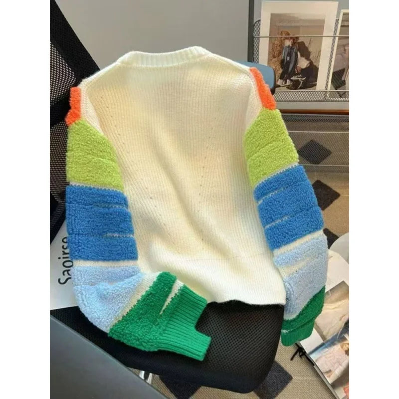 Regenbogen-Strickjacke mit Streifen für Damen – Zweireihiger Pullover mit V-Ausschnitt