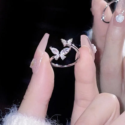 butterfly ring, open ring, double butterfly ring, zircon ring, double ring, women's butterfly ring