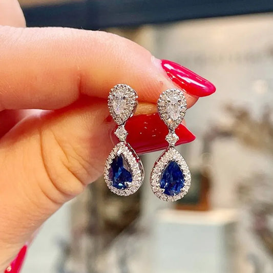 drop earring, cz drop earrings, pear earrings, pear drop earrings, blue drop earrings, cubic zirconia drop earrings, blue earrings, cz earrings, white earrings, white drop earrings