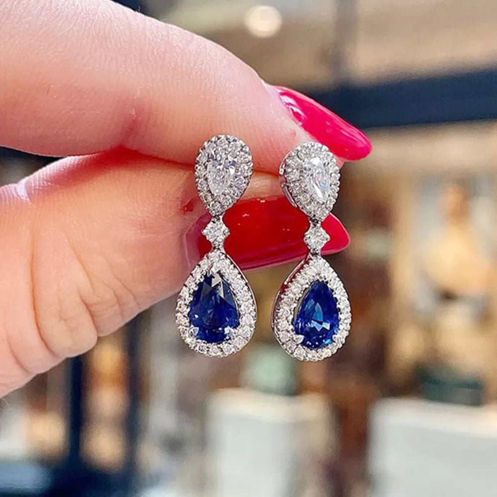 drop earring, cz drop earrings, pear earrings, pear drop earrings, blue drop earrings, cubic zirconia drop earrings, blue earrings, cz earrings, white earrings, white drop earrings
