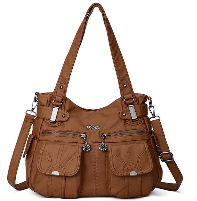 Soft Leather Crossbody Bag for Women - Zipper Pocket Casual Tote