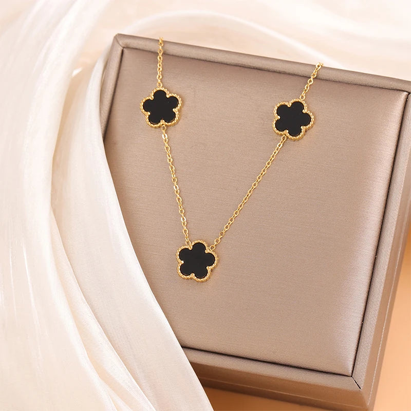 flower necklace, necklace gold, gold plated necklace, necklace pendant, pendant gold, double necklace, clover necklace, flower pendant, clover pendant necklace, gold flower necklace