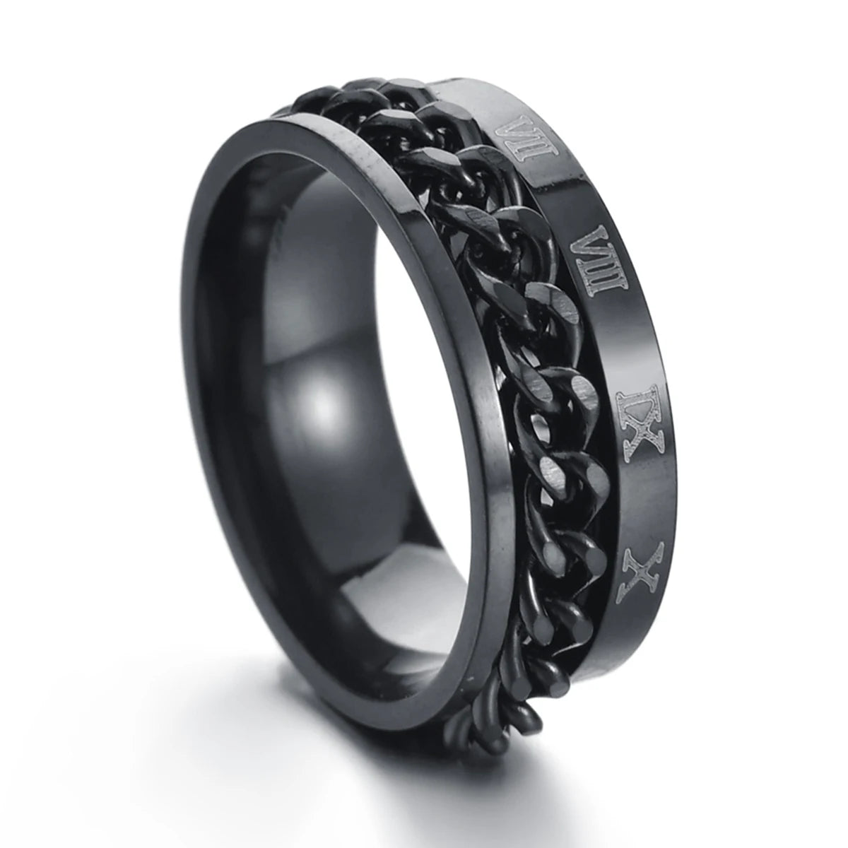  stainless steel rings, roman numerals ring, mens black rings, stainless steel spinner ring,