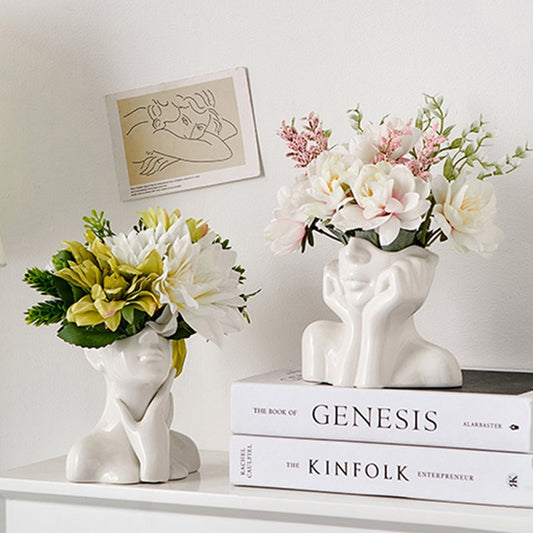 Vase à fleurs en céramique nordique avec visage humain – Décoration d'intérieur créative