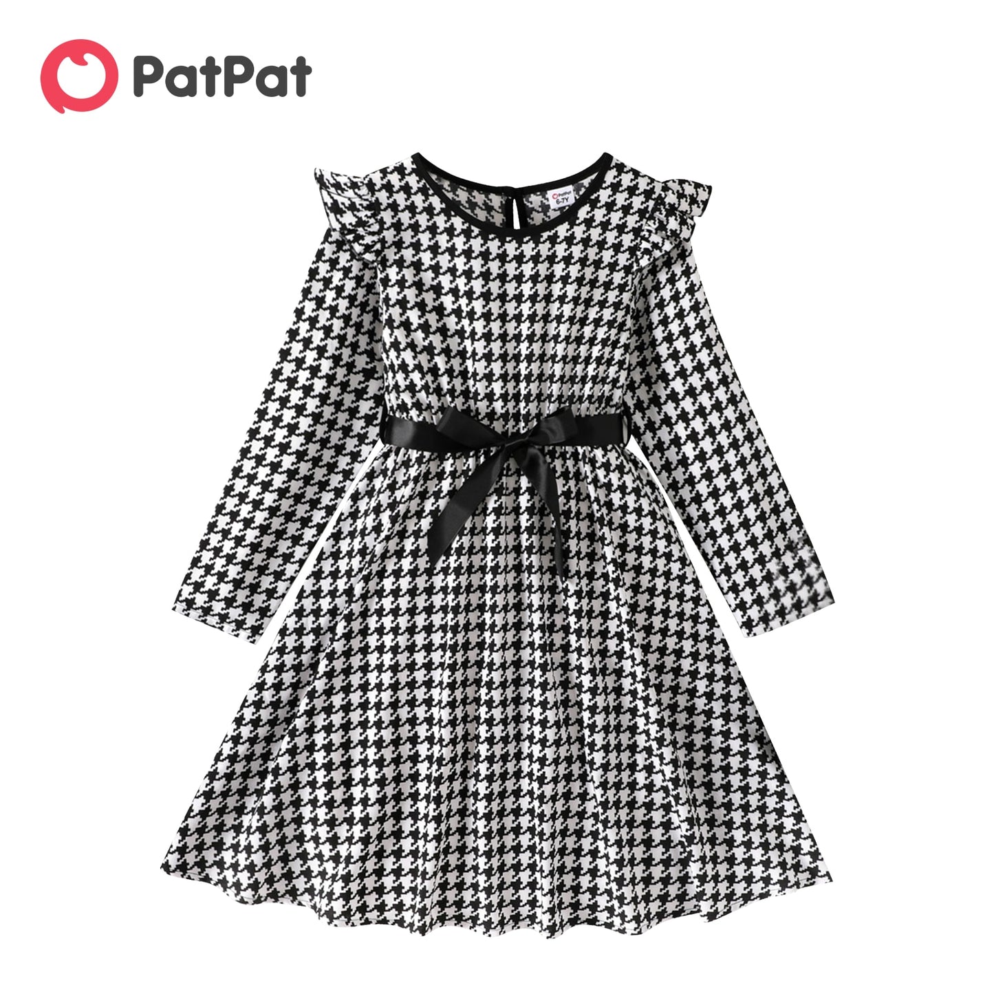 Houndstooth Ruffle Belted Dress