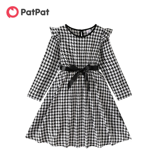 Houndstooth Ruffle Belted Dress